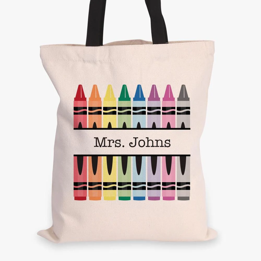 Crayons Personalized Teacher Black Handle Tote Bag | Custom Teacher Gift