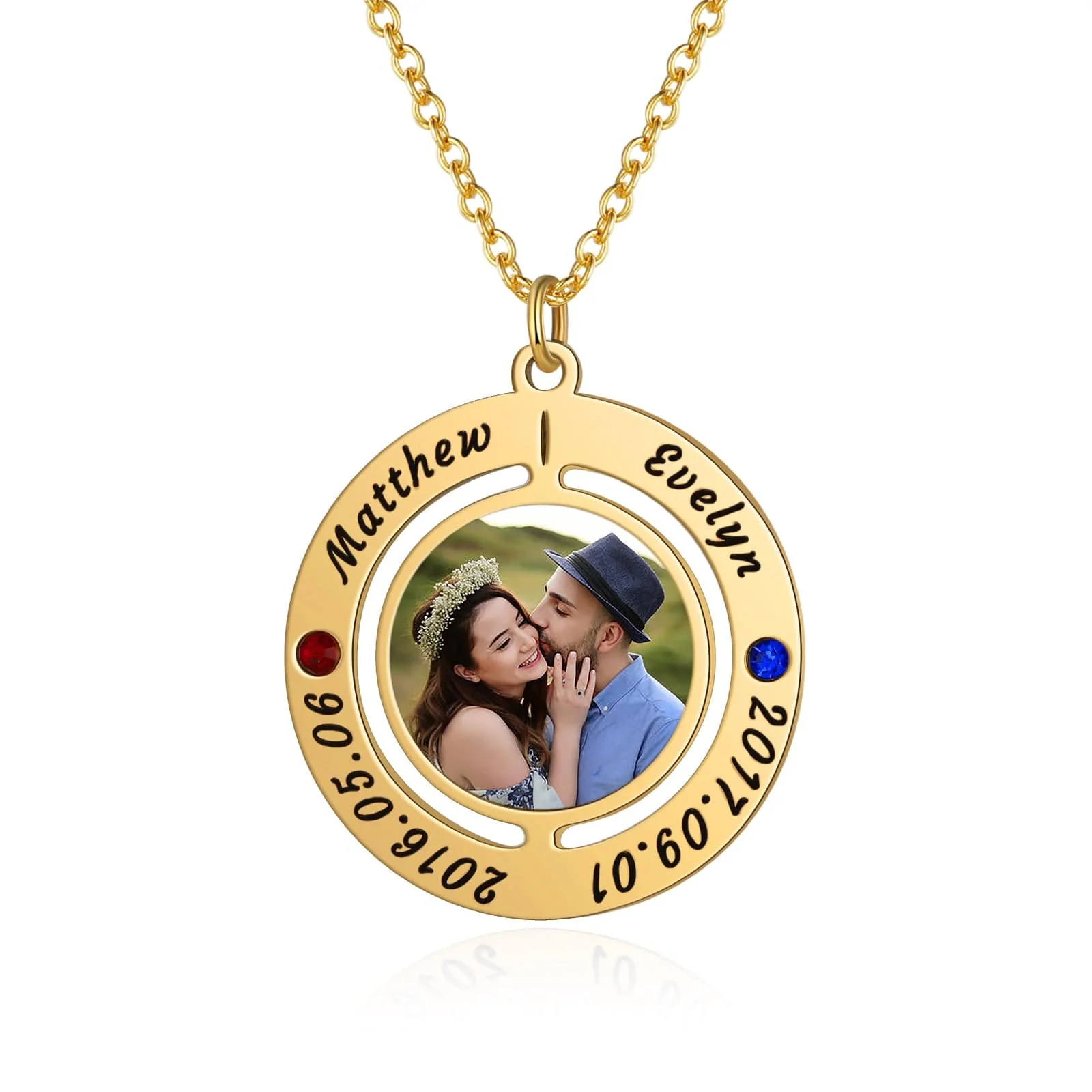 Personalized Photo Necklace with Names, Birthstone and Dates Laser Engraved