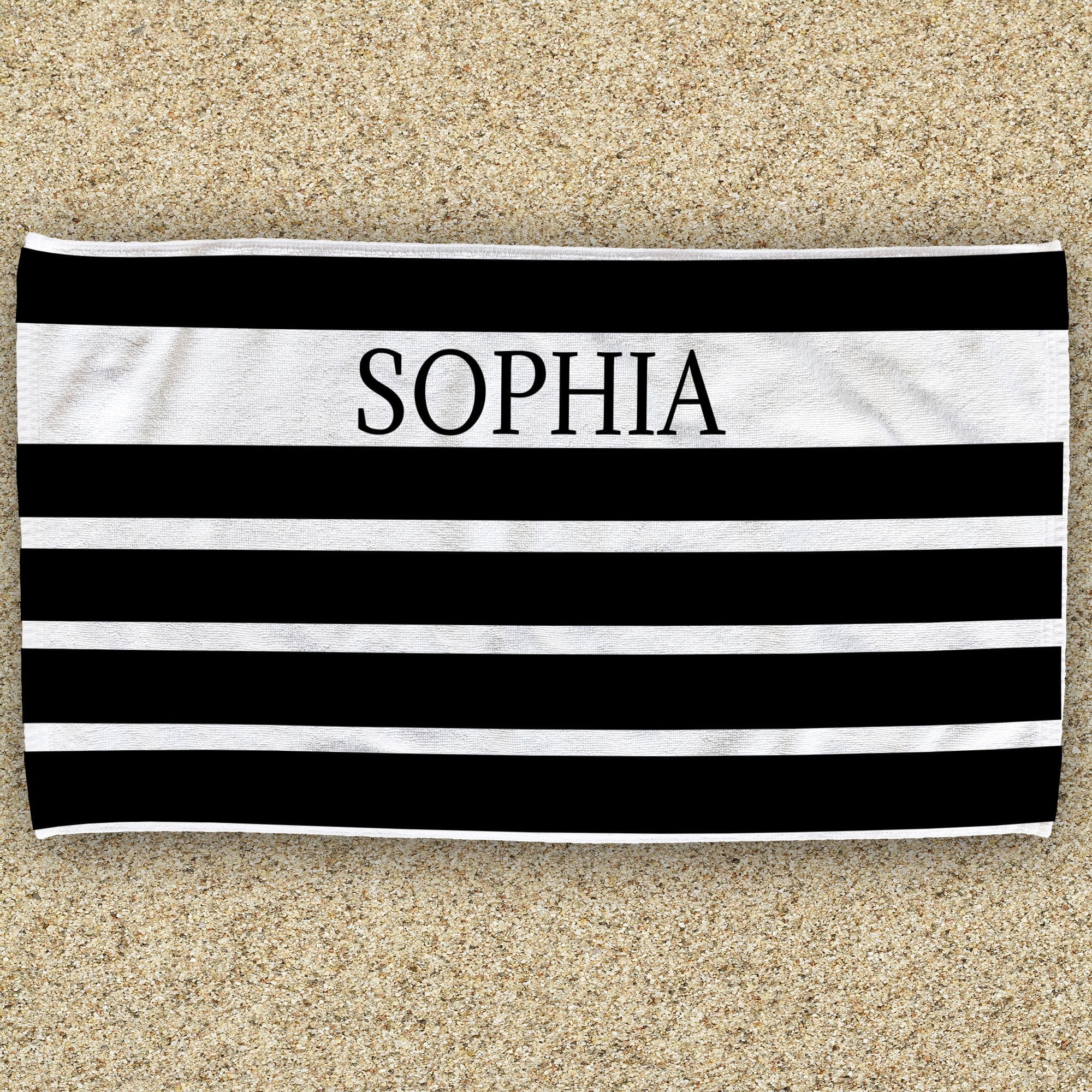 Elegant Stripes Gold Monogram Name Beach Towel - Available in choice of colors