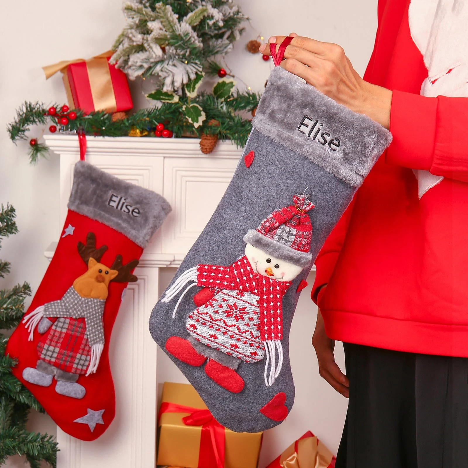 Festive Feet - Step into the Holiday Spirit with Custom Name Elk Snowman Christmas Socks!