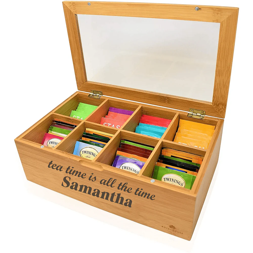 Personalized Adjustable Premium 8 Slot Bamboo Tea Box (Sugar, Jewelry, Storage, Organizer etc.) - Image 2
