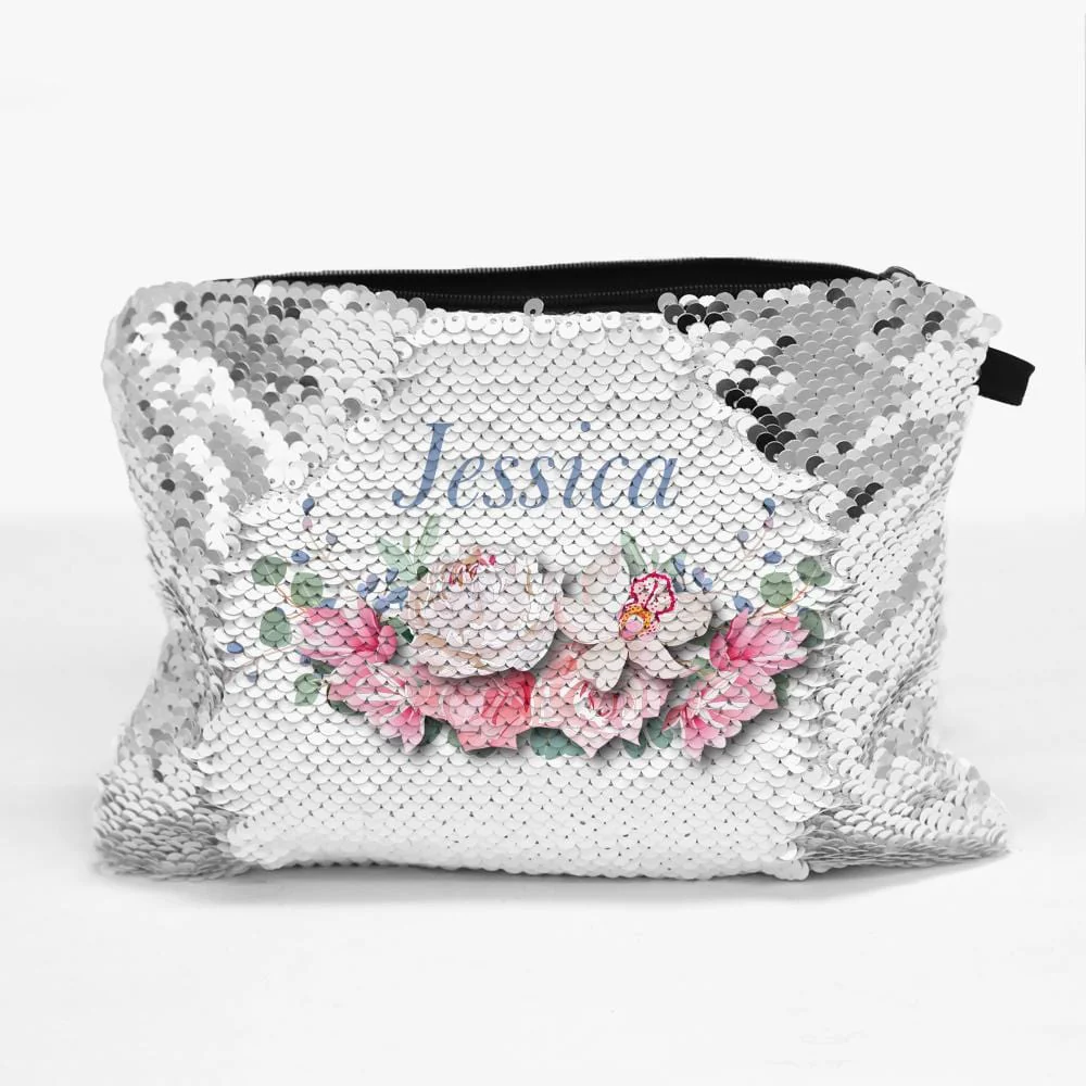 Personalized Floral Sequin Zippered Makeup Pouch Bag