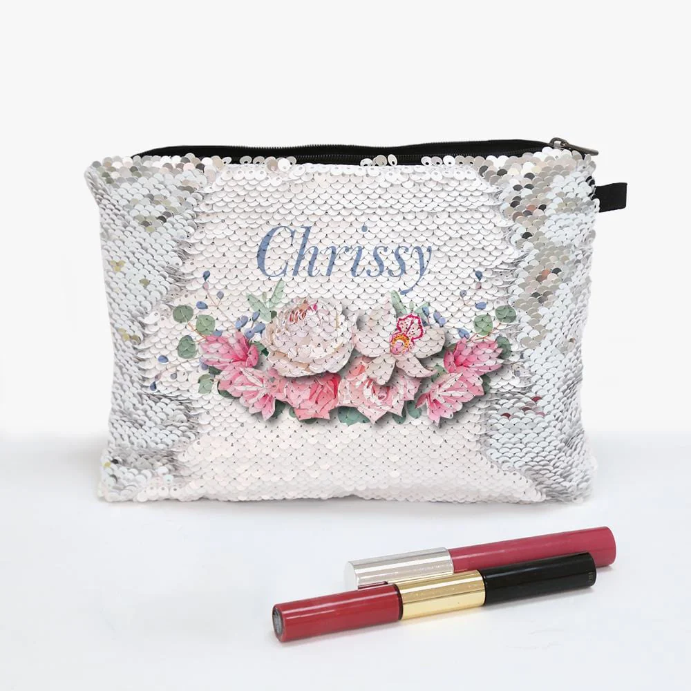Personalized Floral Sequin Zippered Makeup Pouch Bag - Image 2