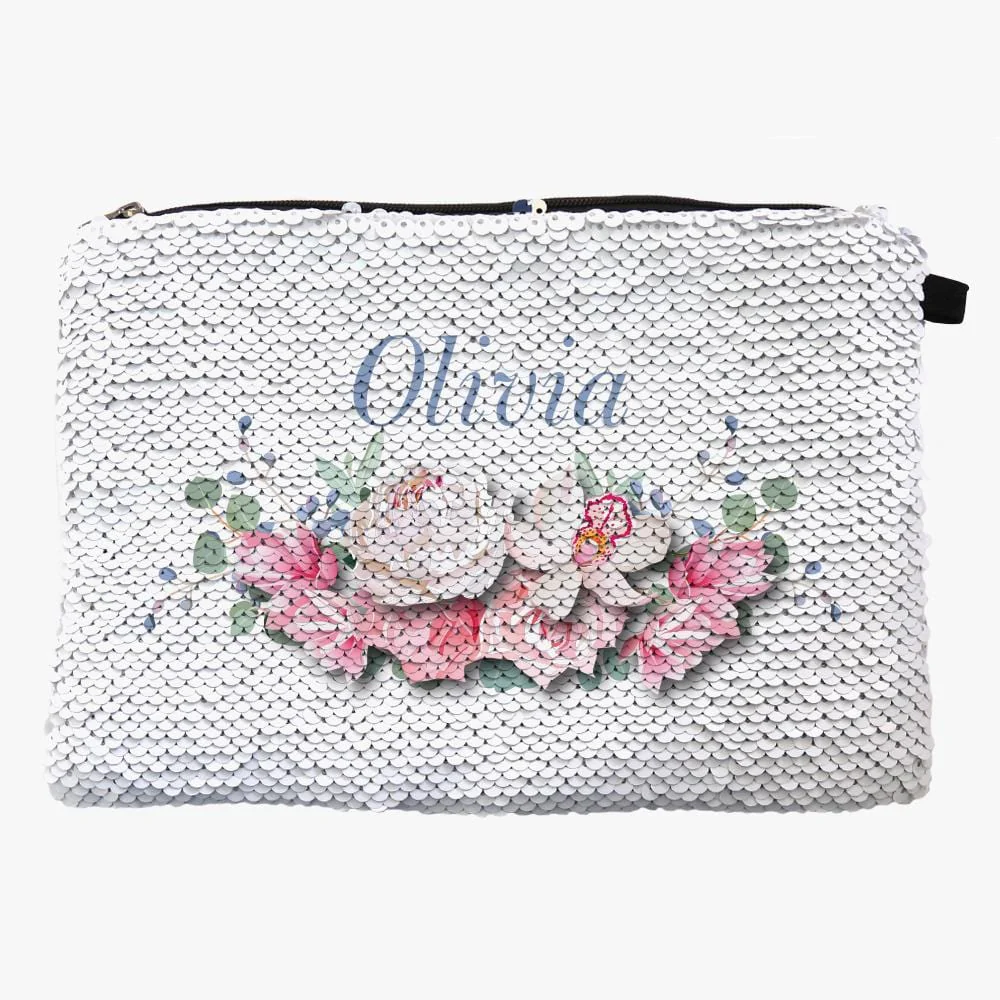 Personalized Floral Sequin Zippered Makeup Pouch Bag - Image 3
