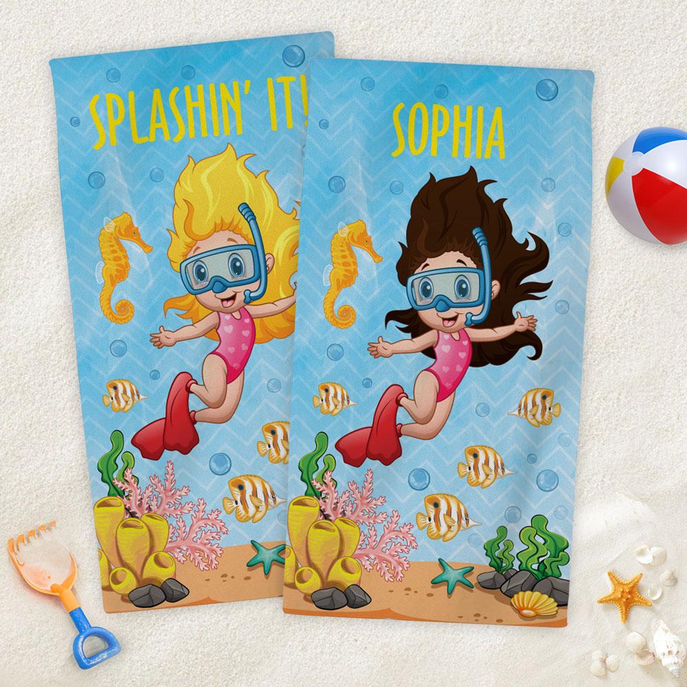 Snorkeling Personalized Towel for Kids | Custom Name Towel for Beach or Bath - Image 2