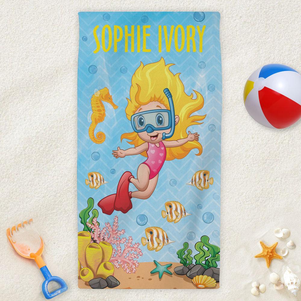 Snorkeling Personalized Towel for Kids | Custom Name Towel for Beach or Bath - Image 3