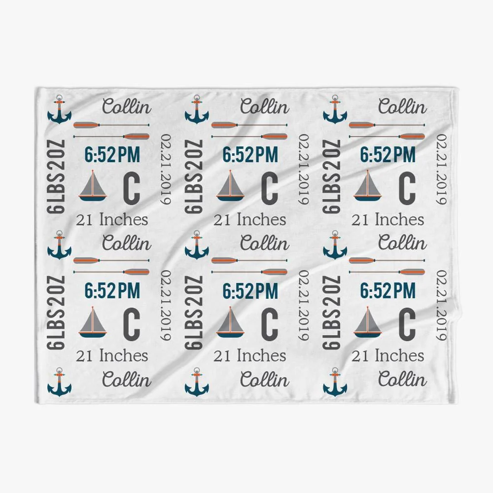 30 x 40 Sail Boats Personalized Name Baby Blanket - Image 2