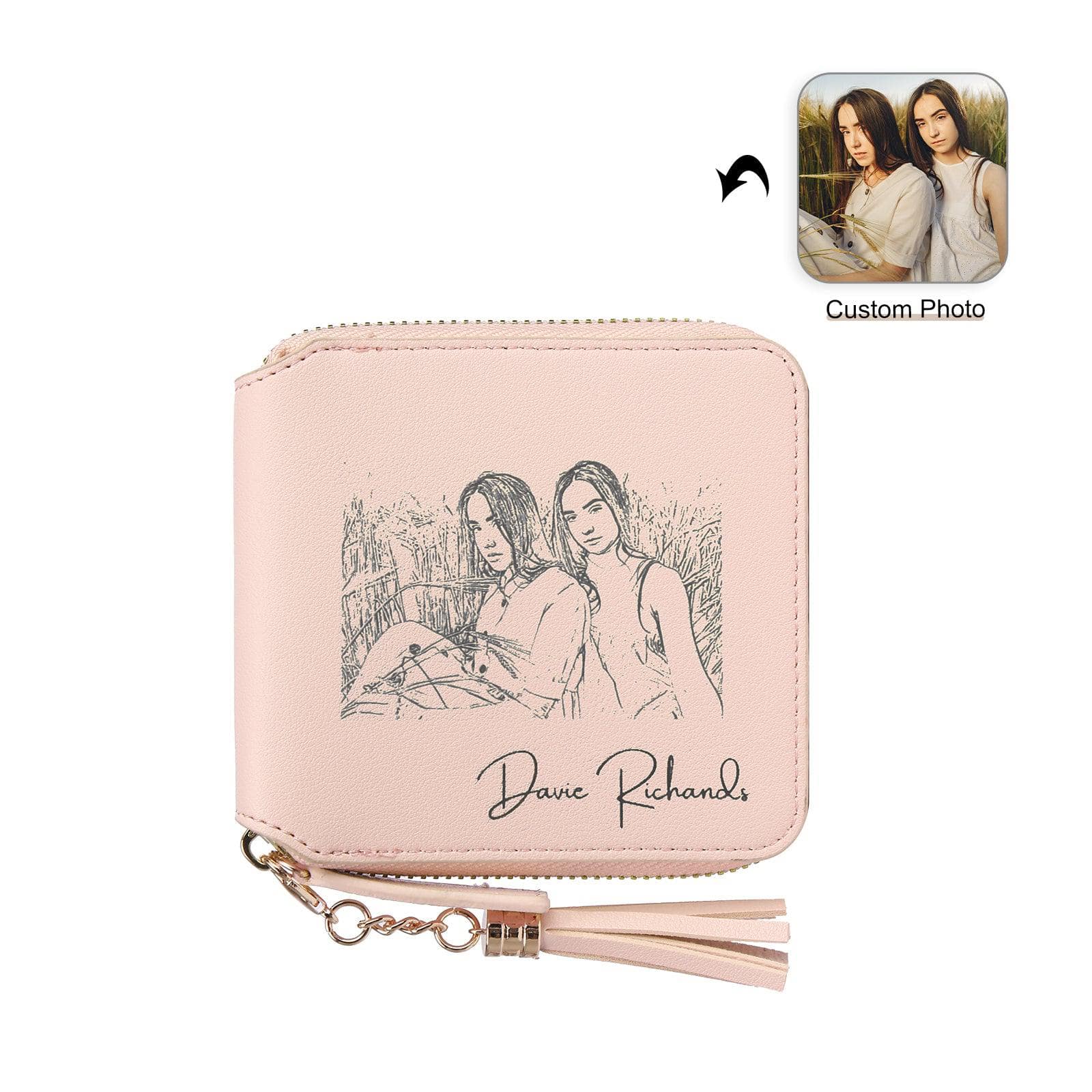 Personalized Women’s Wallet, Custom Photo Engraved PU Leather with Zipper and Tassel - Image 2