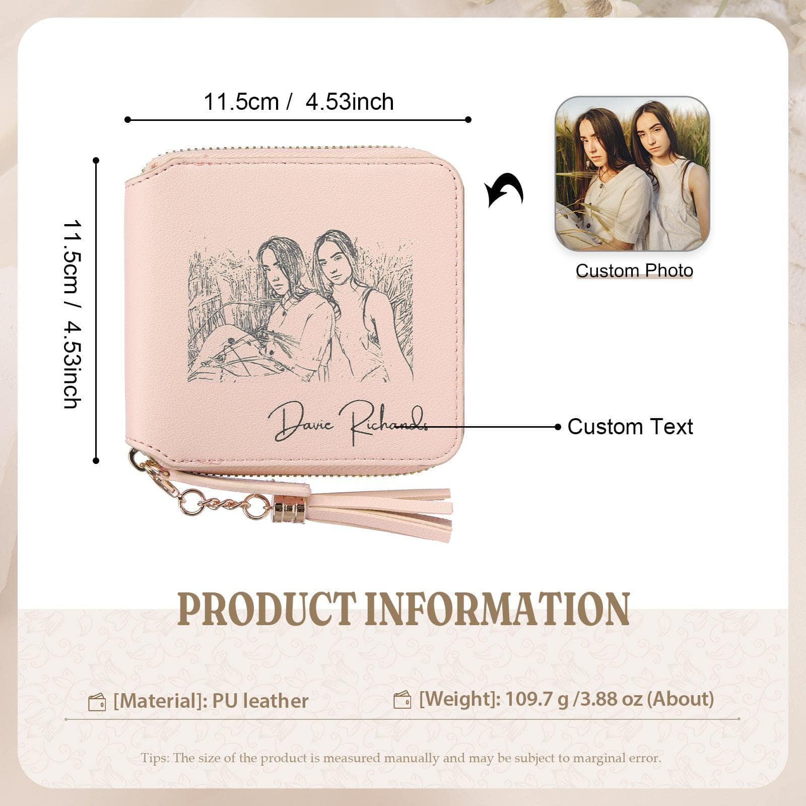 Personalized Women’s Wallet, Custom Photo Engraved PU Leather with Zipper and Tassel - Image 4